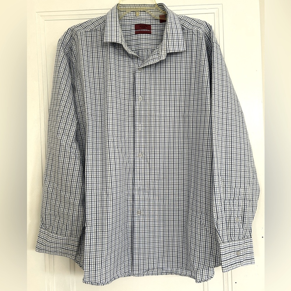Alfani Button Down Shirt Plaid Check Blue White Fitted 18 34-35 XXL Easy care